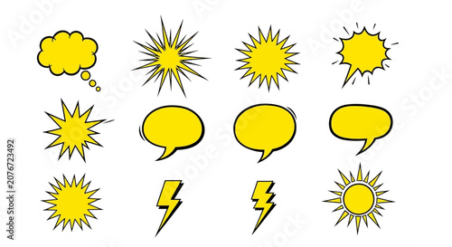 Obraz na plátně Various yellow weather icons and speech bubbles are scattered across the white background