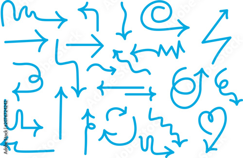 Hand drawn blue arrows and symbols illustration