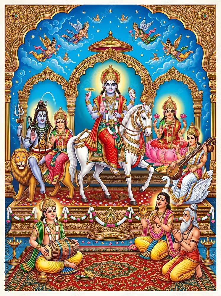 Fototapeta premium Hindu deity riding white horse surrounded by gods and goddesses in temple