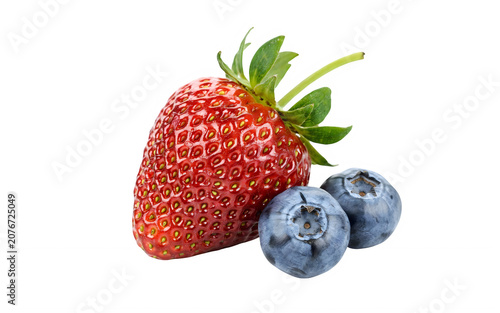Fresh red strawberry and blueberries together on a bright surface isolated on transparent background