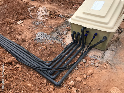 Geothermal heat pump connection pipes installed in soil
