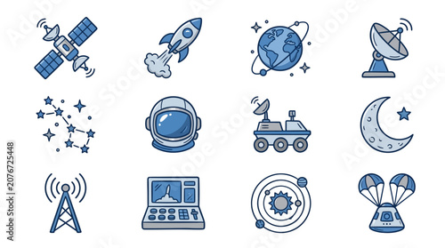 Quadro su tela Collection of blue space and astronomy icons.