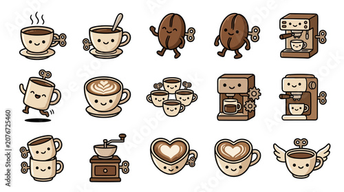 Fotografie Coffee shop elements and characters with wind-up keys.