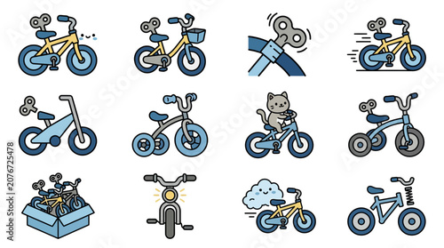 Slika na platnu Collection of blue wind-up bicycle and tricycle icons
