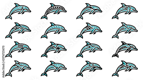 Tableau sur toile Collection of elegant blue dolphin swimming icons.