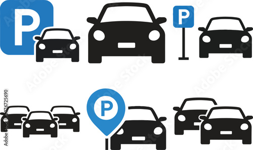 Modern Parking Sign and Car Silhouette Icons