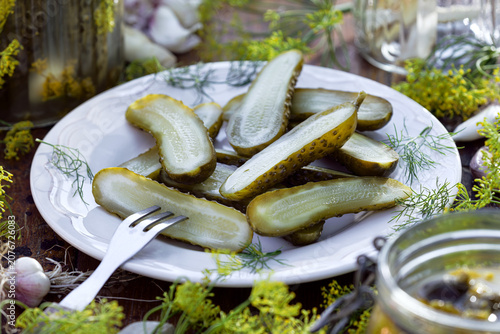 Traditional pickled cucumbers, pickled using the natural fermentation method, on a plate, close-up viewPickled cucumbers with dill flowers, garlic, and horseradish, cut in half, on a plate, close-up. 