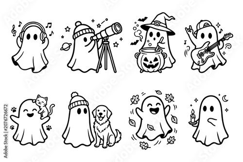 Halloween ghost characters bundle featuring music, astronomy, witch, guitar, cat, dog, and autumn ghost illustrations.