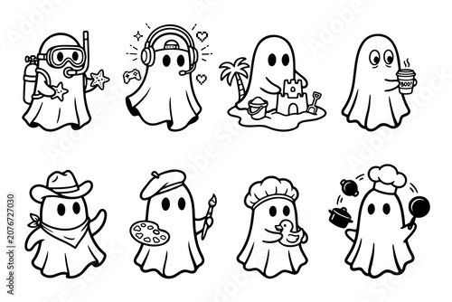 Halloween ghost characters bundle featuring hobbies and activities including diver, gamer, artist, cowboy, and chef ghost illustrations.