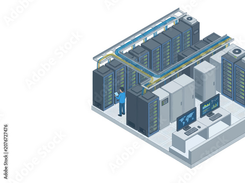 Fotografija Modern Data Center with Server Racks and Technician.