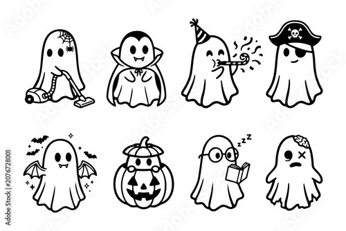 Halloween ghost characters bundle featuring vampire, pirate, pumpkin, and zombie ghost illustrations.