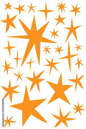 Yellow, orange star icons with sparkles and starbursts isolated on transparent PNG. Decorative elements for celebrations, awards, branding, invitations, marketing, stickers, graphic design, journaling