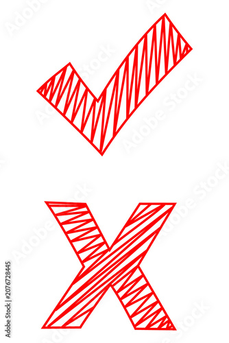 Red hatched hand-drawn check mark and cross icons with sketch texture isolated on transparent PNG. Approval, rejection, validation, voting, checklist, feedback symbols for branding, design projects