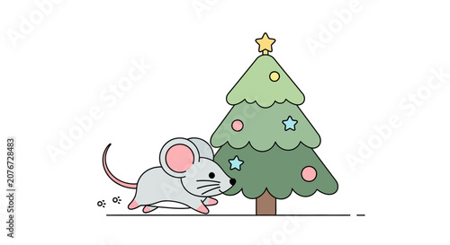 Foto A cute mouse scurries past a festive Christmas tree.