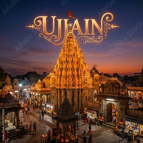 Mahakaleshwar Temple Ujjain, Illuminated Golden Spire of Holy Shiva Mandir at Night, Madhya Pradesh India
