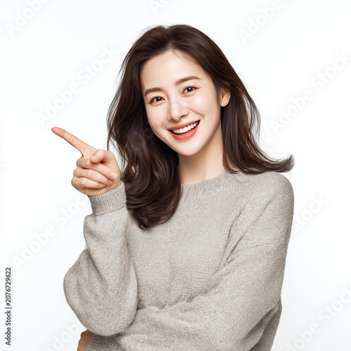 Smiling Woman Pointing Up, Recommendation and Presentation Concept