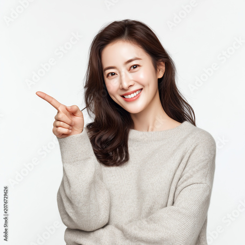 Smiling Woman Pointing Up, Recommendation and Presentation Concept
