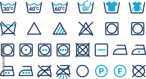 Bild auf Leinwand Laundry Care Symbols Vector Icon Set with Washing Bleaching Drying Ironing and D