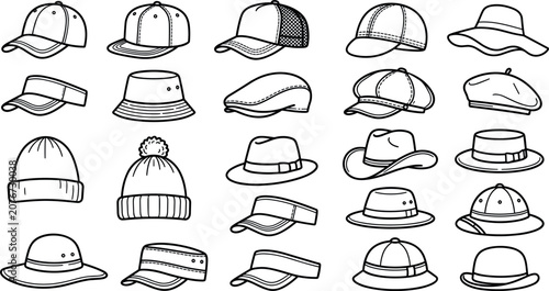 Obraz na płótnie Diverse collection of hats and caps outline icons vector set including baseball