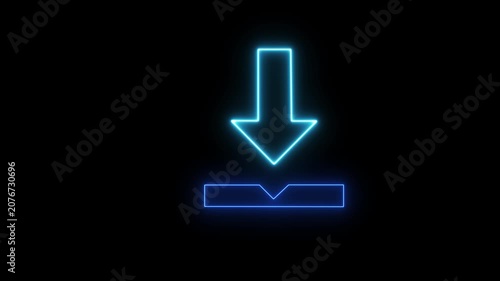 Blue Glowing Neon Download Arrow Icon on Black Background Glossy 3D Round Web Button Vector Symbol for Internet Website Interface Design Illustration