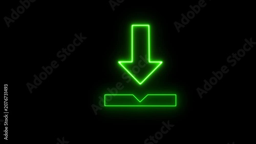 Glowing Green Neon Download Arrow Icon Button on Black Background with Glossy 3D Vector Web Symbol for Internet Save Upload Business Design Illustration Concept