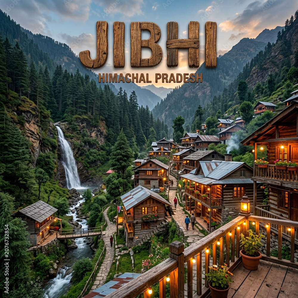 Fototapeta premium Jibhi Village Himachal Pradesh Waterfall, Cozy Wooden Cottages with Fairy Lights and Mountain Stream at Sunset 