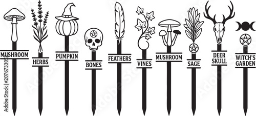 Halloween themed Silhouette Icons Featuring Mushrooms Pumpkins And Botanical Elements
