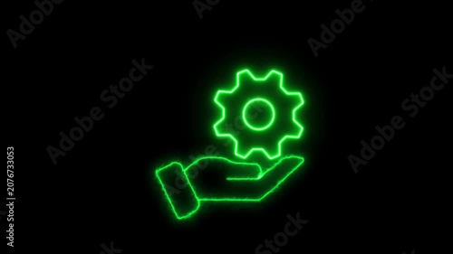 Glowing neon technology and blue color hand and setting icon animation. on black background
