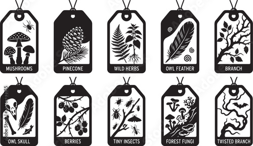 Black Silhouette Tags Featuring Botanical And Wildlife Elements Vector Illustration