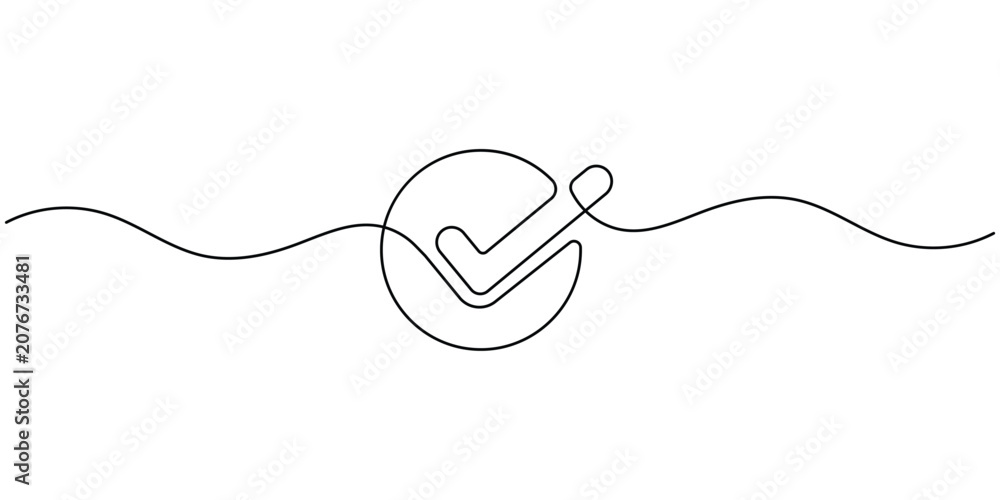 Obraz premium Check Mark Continuous One Line Art in Circle Minimal Outline Design