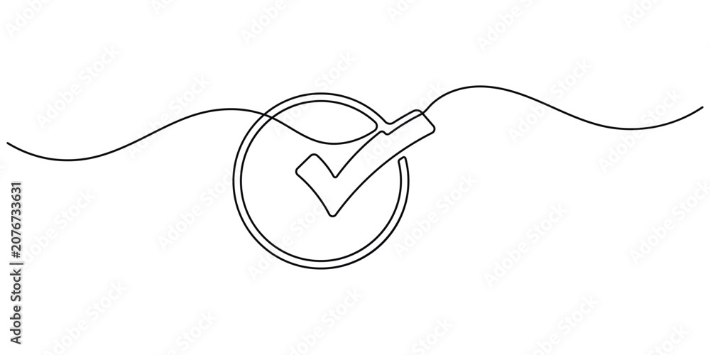 Obraz premium Check Mark Continuous One Line Art in Circle Minimal Outline Design