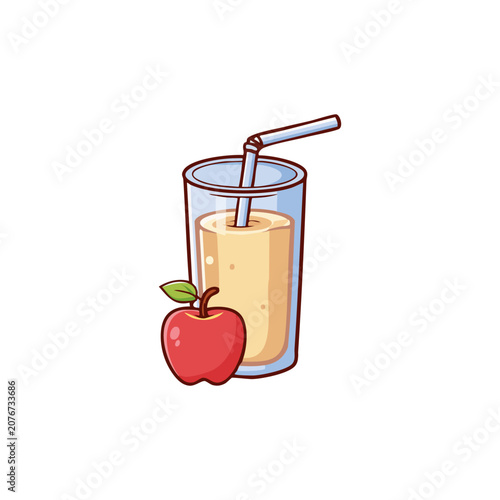 Apple smoothie in a glass with a straw and a red apple icon illustration