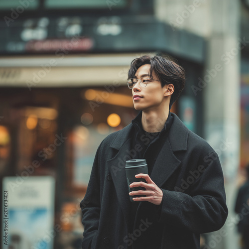 Young Man Holding Coffee Cup in City, Urban Lifestyle and Daily Routine Concept
