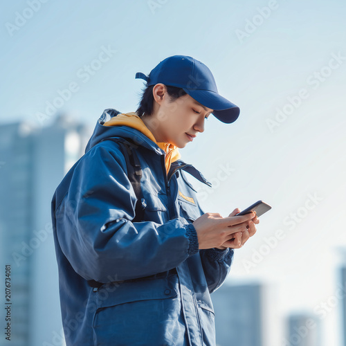 Delivery Driver Using Smartphone, Parcel Delivery and Logistics Concept