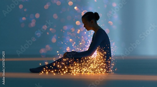 Woman sitting with glowing golden sparkles