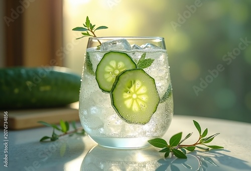 Refreshing Chic Spa Lounge Sparkling Water Infused with Crisp Cucumber Slices Elegant Details