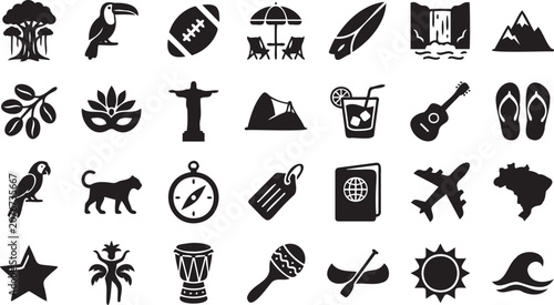 Obraz na plátně Detailed collection of black vector icons representing various symbols of brazil