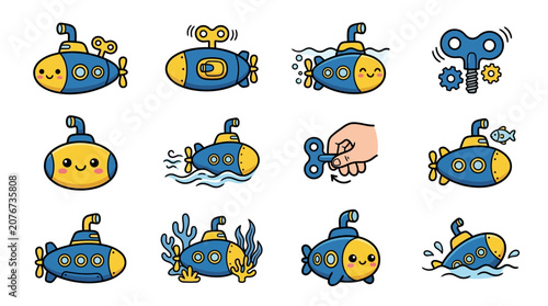 Obraz na plátně Colorful wind-up submarine icons with different poses.