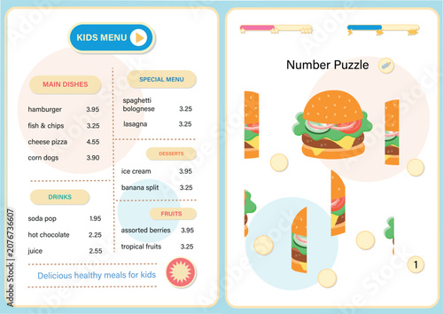 Kids menu template with number puzzle burger game activity sheet. Bright children's restaurant menu vector template featuring 