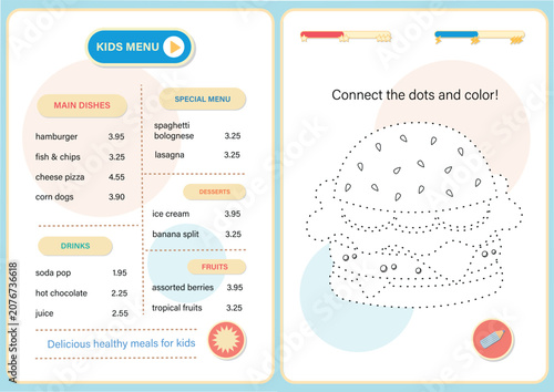 Kids menu template with connect the dots burger coloring activity. Colorful children's restaurant menu template featuring a fun 