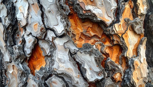 Macro photography of rough pine tree bark showing detailed wooden textures and natural patterns in shades of grey orange and brown tones.