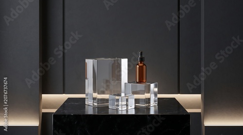 Clear acrylic risers and amber glass bottle on a black marble surface realistic rendering