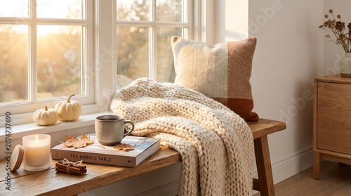 Autumn Interior Scene With Pumpkins Mug And Knit Blanket In Warm Sunlight fall seasonal