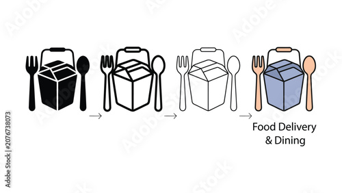 Food delivery and dining icon set demonstrating a design evolution from solid to colored outline graphic vector illustration process