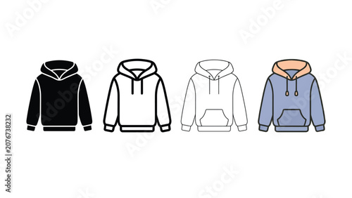 Four stylish hoodie vector icons showcase diverse clothing designs and apparel concepts for fashion projects
