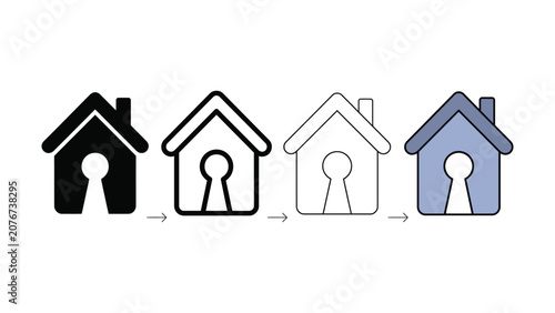 Home security house keyhole icon set showing different graphic design styles for property protection