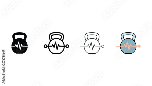 Modern fitness health heartbeat kettlebell icon set vector illustration for gym workout training concept