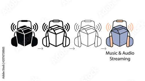 Modern music and audio streaming service concept icon showing progression of sound waves and headphones