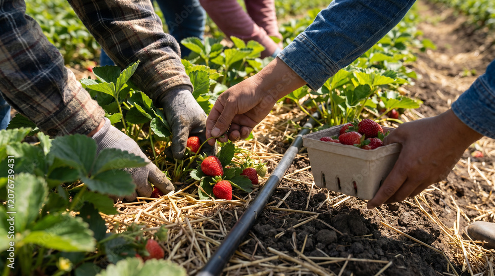 Fototapeta premium Farm Hands Picking Strawberries Over Mulch Beds For Fresh Supply