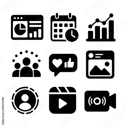 Twelve minimalist icons representing social media, communication, and productivity tools arranged in a grid.